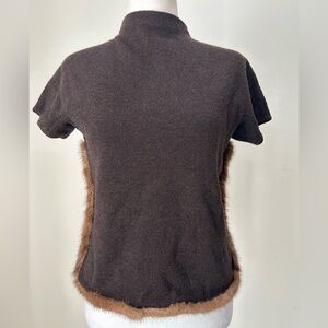 Shiatzy Chen Dark Brown Chocolate Knit Mock Neck Top With Fur Trim, Size 8